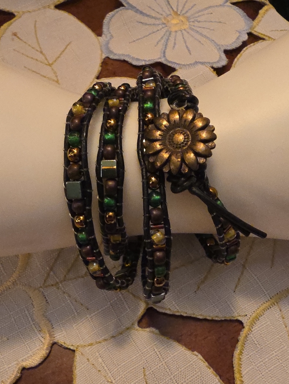 Handcrafted Multi-Strand Leather Wrap Bracelet with Multicolored Beads